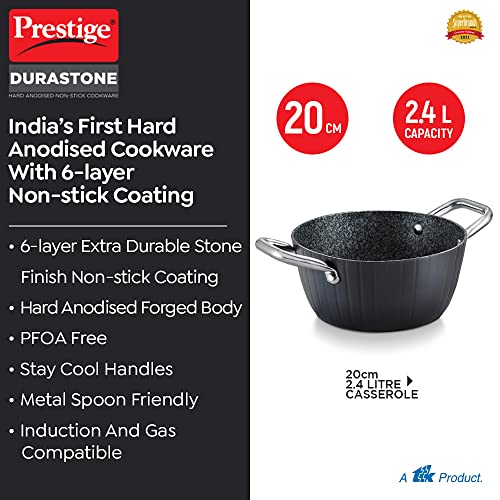 Prestige Durastone Hard Anodised 6 Layer Non-Stick Casserole with Glass Lid, (20 cm, 2.4 Litre, Black)