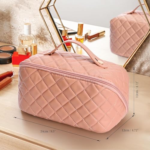 Ghime Cosmetic Bag for Women, Makeup Bag PU Leather Portable and Large Capacity Makeup Storage Bag with Handle and Divider (2. Pink)