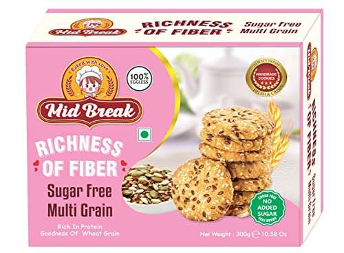 Mid Break - Sugar Free Multigrain Cookies | Multigrain Biscuits | Sugar Free Multigrain Biscuits | Premium Handmade Cookies | 300 Gm | Pack of 1