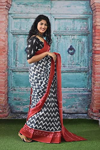JALTHER Handicrafts Women's Ikat Hand Block Print Jaipuri Cotton Mulmul Saree with Blouse Piece_Multicolor 700