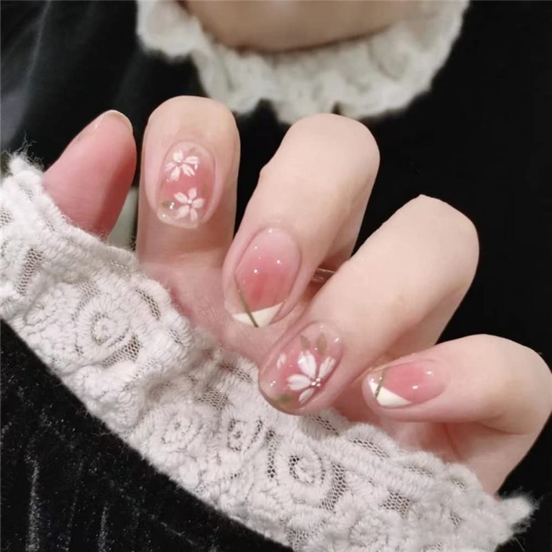 24 PCS Stick On Nails for Women Press On Nails Girls French Nail Reusable Jelly Glue Nail Kit Nails Extension Fake Nails