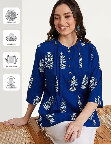 Amazon Brand - Myx Women's Cotton Printed Relaxed Short Kurti (SS19MYXTP018A1_Indigo_XX-Large)