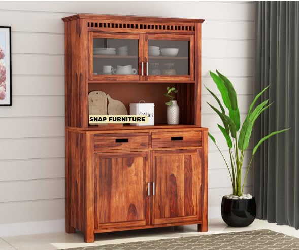 NEW LOOK FURNITURE Solid sheesham Wood Kitchen Crockery Cabinet with Drawer, Shelf and Doors for Storage Unit Wooden Sideboard Storage Cabinet for Home and Kitchen -Honey
