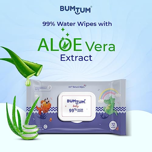 Bumtum Baby Gentle 99% Pure Water Soft Moisturizing Wet Wipes With Lid | Aloe Vera & Chamomile Extracts | Paraben & Sulfate Free (Pack of 3, 72 Pcs. Per Pack)