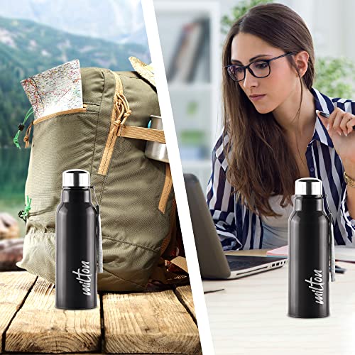 Milton Steel Fit 600 Inner Stainless Steel Water Bottle, 1 Piece, 520 ml, Black | Easy Grip | Leak Proof | Hot or Cold | School | Office | Gym | Hiking | Treking | Travel Bottle