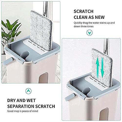 Heavy Quality Floor Mop with Bucket, Flat Squeeze Cleaning Supplies 360° Flexible Mop Head/2 Reusable Pads Clean Home Floor Cleaner Wipes