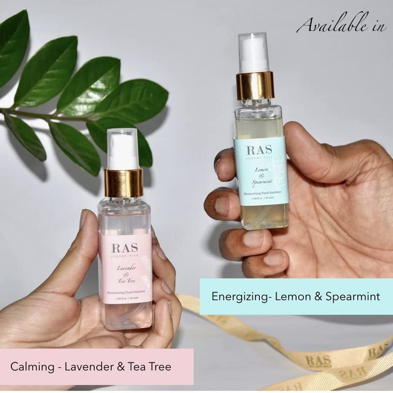 RAS Luxury Oils Lavender & Tea Tree Moisturising Hand Sanitiser Spray | Gentle & Safe | Free of Added Fragrance or Toxins | Powered with Essential Oils | Kills 99.9% Microbes | Easy to Use, 50ml