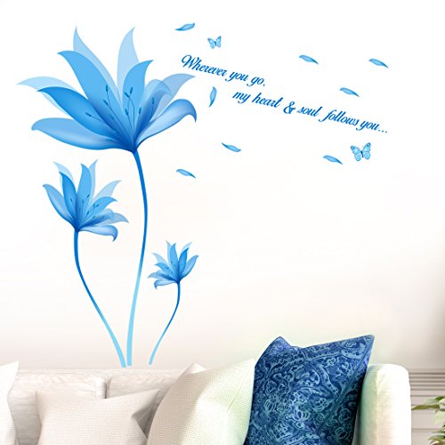 Amazon Brand - Solimo Wall Sticker for Bedroom (Beautiful Blue Flowers Quote), Ideal Size on Wall: 105 x 95 cm, PVC Vinyl