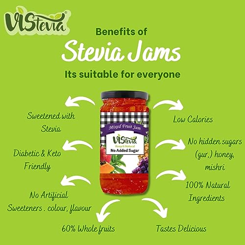 Vistevia Sugar Free Mixed Fruit Jam, Diabetic and Keto Friendly - Sweetened Naturally with Stevia, More Than 60% Fruit Content - Tastes Delicious - Pack of 1 (400G)