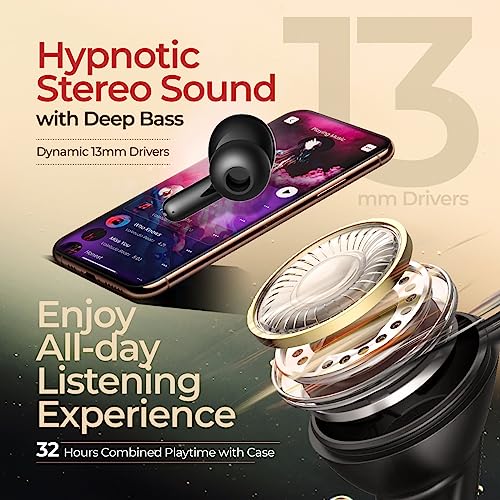 pTron Newly Launched Zenbuds Evo TWS Earbuds,Ai-Trutalk Enc Calls,45Ms Movie/Music Modes,Deep Bass,32Hrs Playtime,Bluetooth 5.3 Headphones,Ipx5 Water Resistant&Type-C Fast Charging (Black),in-Ear