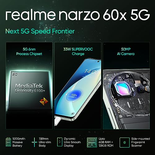 realme narzo 60X 5G（Stellar Green,6GB,128GB Storage ） Up to 2TB External Memory | 50 MP AI Primary Camera | Segments only 33W Supervooc Charge
