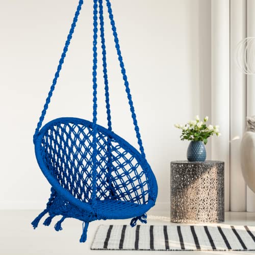 Patiofy Round Cotton Hammock Swing for Adults & Kids/Jhula Swing for Balcony, Indoor, Outdoor, Garden/Capacity Upto 120Kgs/ Includes Free Hanging Accessories/Handmade Hammock Hanging Swing Chair-Blue