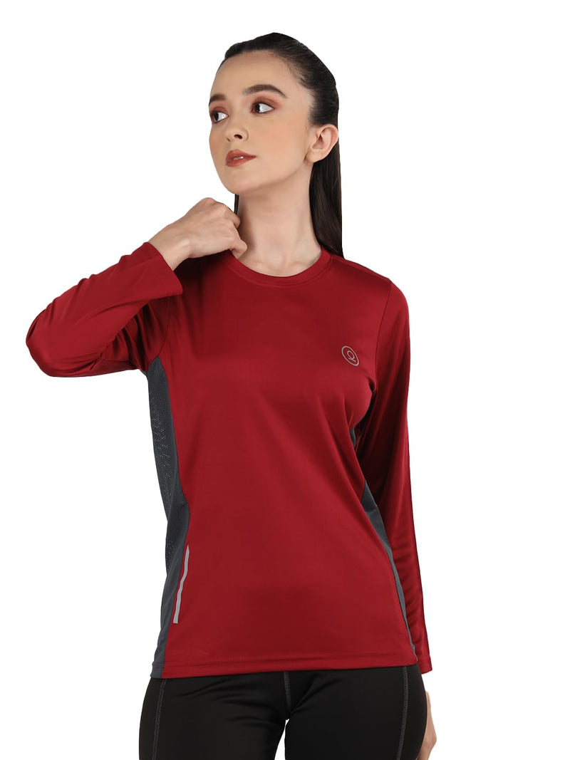 CHKOKKO Women's Full Sleeve Dryfit Round Neck Gym Sports T-Shirt Maroon Size L