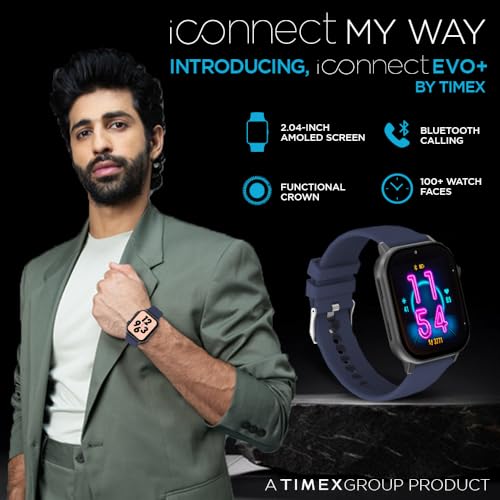 TIMEX iConnect EVO+Made in India Unisex Smartwatch|Largest Display 2.04" AMOLED with 368x448 Pixel Bluetooth Calling|Rotating Functional Crown|AI Voice Assist|Upto 7 Days Battery-TWIXW400T