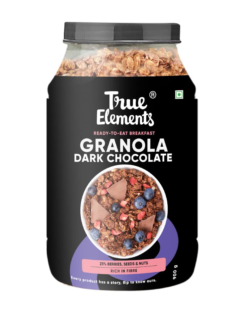 True Elements Crunchy Dark Chocolate Granola 900g - With 23% Berries, Seeds & Almonds | 100% Wholegrain Cereal | Granola for Breakfast | Healthy and Tasty Breakfast