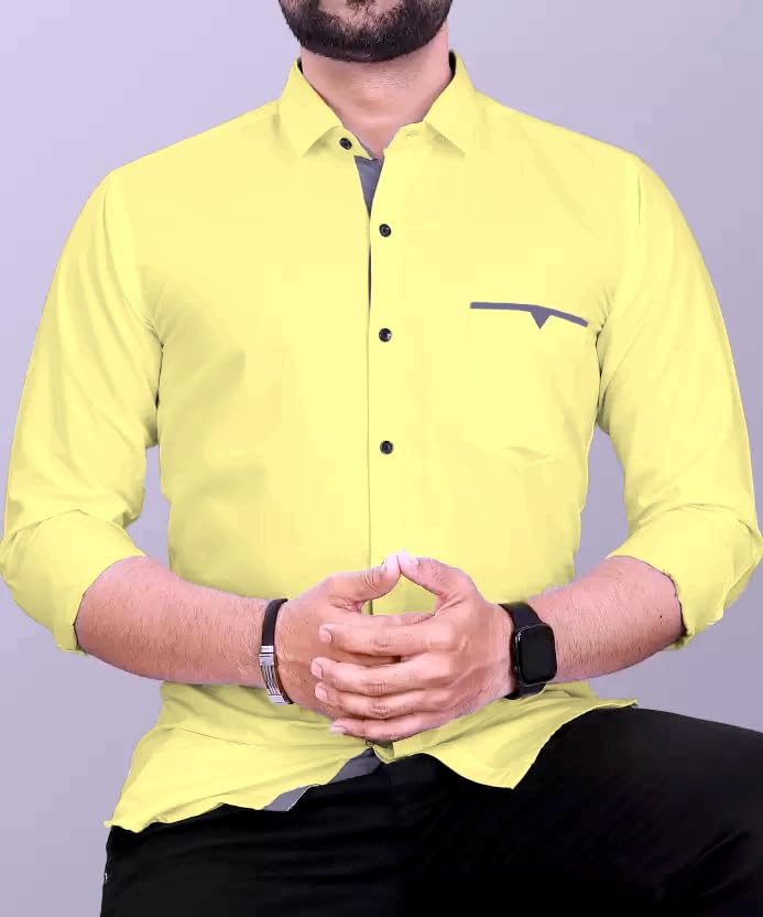 CB-COLEBROOK Men Regular Fit Solid Spread Collar Casual Shirt (Small, Butter Yellow)