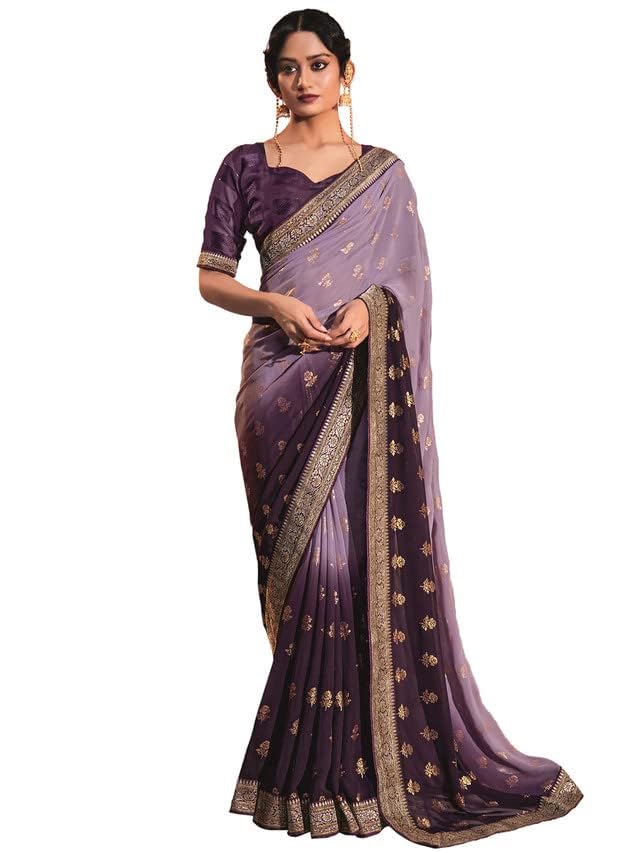 SIRIL Women's Lace & Foil Printed Georgette Saree with Unstitched Blouse Piece(2826S478_Wine, Light Purple)