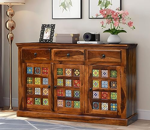 SONA ART & CRAFTS Solid Sheesham Wood Sideboard Tv Cabinet for Living Room | Free Standing Movable Tv Unit Side Board Table with 3 Drawer & 2 Cabinet Storage Furniture for Home | Honey Finish