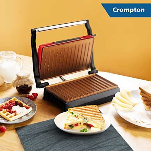 Crompton QuickServe 2 Slice Panini Maker with Floating Hinges | 700W Sandwich Maker | Golden Food Grade Non-Stick Coating Plates Sandwich Maker (Red)