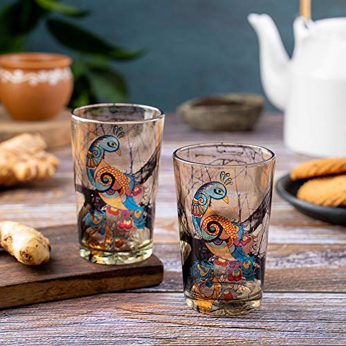 KOLOROBIA Charismatic Peacock Chai Glass/Tea Glass, Flame Proof, Microwave & Dishwasher Safe | for Daily Use & Gifting, (Set of 2)