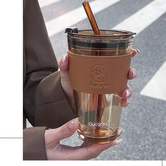 KELVEE Reusable Glass Tumbler with Leather Grip Airtight Pack of 1,Multipurpose Drinking Coffee Sipper Mug with Lid and Straw for Juice Water Smoothies Cocktail Home & Travel Bottle (Brownie)