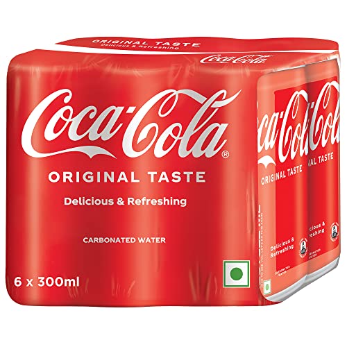Coke Original Cold Drink | Soft Drink with Refreshing Fizz | Delicious Cola Flavour |  Recyclable Can, 300 ml (Pack of 6)