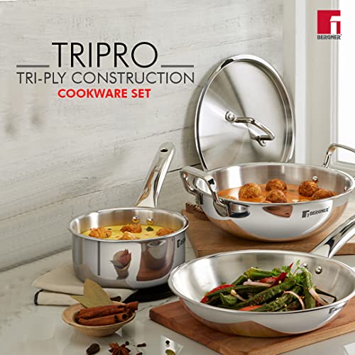 Bergner Tripro Triply Stainless Steel 4 Pc Cookware Set, 24 cm Indian Wok/Kadai with Lid, 22 cm Frypan, 16 cm Tea Pan, Even and Fast Heating, Induction Bottom, Gas Ready, Silver