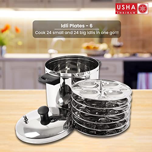 USHA SHRIRAM Stainless Steel Idli Cooker | Induction & Gas Friendly Base | Idly Maker | Idli Stand | Thate Idli Maker | Idly Cooker (6 Plate (Round) Idli Cooker)