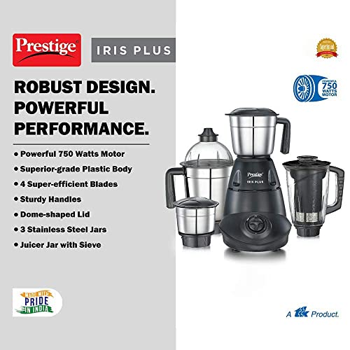 Prestige IRIS Plus 750 W Mixer grinder with 4 Jars (3 stainless steel Jars+ 1 Juicer Jar)| 4 Super efficient stainless blades | 2 years warranty| Black