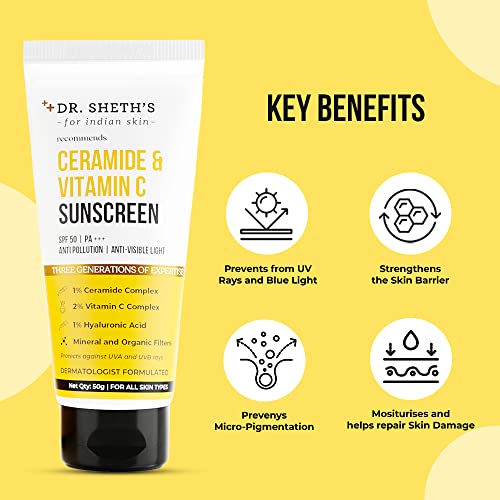 Dr. Sheth's Ceramide & Vitamin C Sunscreen SPF 50+ PA+++ | For Deep Moisturization | Non-Greasy, Quick-Absorbing | Zero White Cast | For Women & Men | UVA UVB Sun Protection | 50g