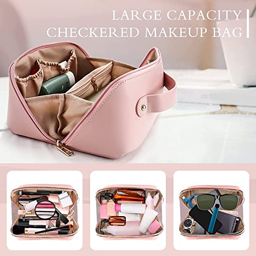 SKYTONE 12cms Large Capacity Cosmetic Travel Bag, Women's Makeup Travel Bag Portable Leather Cosmetics Bag, Makeup Storage Bags with Handle and Divider, Wide Opening Cosmetic/Makeup Organizer (L_Pink)