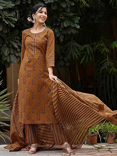 Vaamsi Women's Cotton Blend Floral Printed Straight Kurta Pant with Dupatta (VKSKD1242_Brown_4XL)