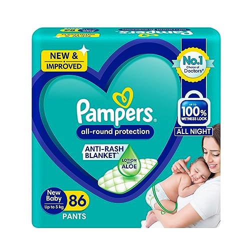 Pampers All round Protection Pants, New Born/Extra Small (NB/XS) Size, 86 Count, Pant Style Baby Diapers, Anti Rash Blanket, Lotion with Aloe Vera, Up to 5kg Diapers