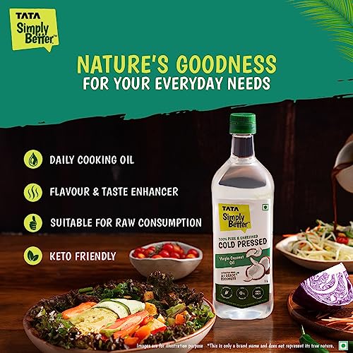 Tata Simply Better Pure and Unrefined Cold Pressed Virgin Coconut Oil, Naturally Cholesterol Free, Coconut Oil with Rich Aroma & Flavour of Real Coconuts, Can Be Used in Daily Cooking, Multipurpose Usage, A1 Grade Coconuts, Purity in Every Drop, 1L