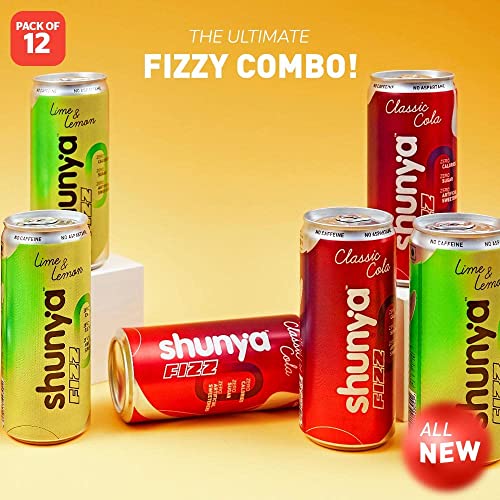 Shunya Fizz Lime & Lemon & Classic Cola Combo | Sugar Free Soft Drink | 0 Calories & No Aspartame | Supercharged with Green Tea, Ashwagandha & Vitamin C | Pack of 12(300 ml X 12)
