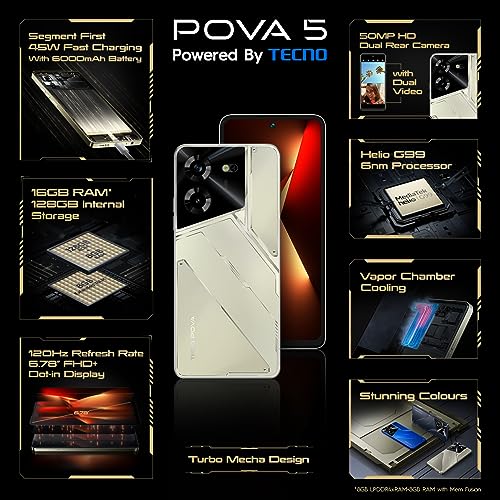 TECNO Pova 5 (Amber Gold, 8GB RAM,128GB Storage) | Segment 1st 45W Ultra Fast Charging | 6000mAh Big Battery | 50MP AI Dual Camera | 3D Textured Design | 6.78”FHD+ Display