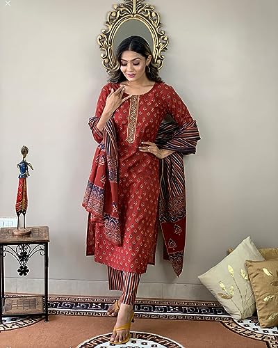 ANNI DESIGNER Women's Cotton Blend Straight Printed Kurta with Pant & Dupatta (Sahdev-Red_S_Red_Small)