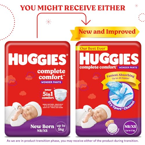 Huggies Complete Comfort Wonder Pants Newborn / Extra Small (Nb/Xs) Size (Up To 5 Kg) Baby Diaper Pants,90 Count,India'S Fastest Absorbing Diaper With Upto 4X Faster Unique Dry Xpert Channel