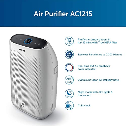 Philips Ac1215/20 Air Purifier, Long Hepa Filter Life Upto 17000 Hours, Removes 99.97% Airborne Pollutants, 4-Stage Filtration with True Hepa Filter(White)