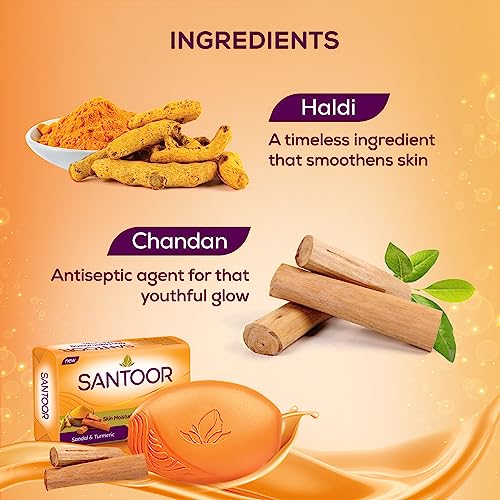 Santoor Sandalwood and Turmeric Bath Soap for Younger Looking and Glowing Skin, Combo Offer, 125 g (Pack of 8)