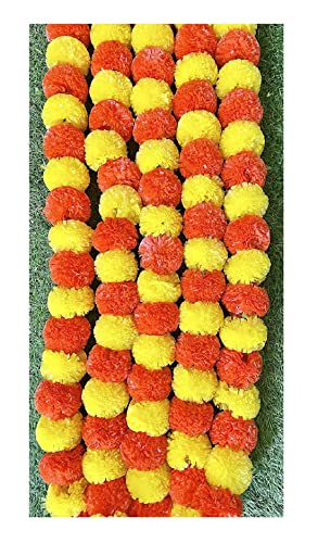 SPHINX Artificial Marigold Fluffy Flowers Garlands for Festive Pooja Wedding Housewarming Diwali Decorations Festival Events Home Table Bedroom Pooja Room (Yellow and dark orange,Approx. 4.5 to 4.9 ft- 5 Pieces)