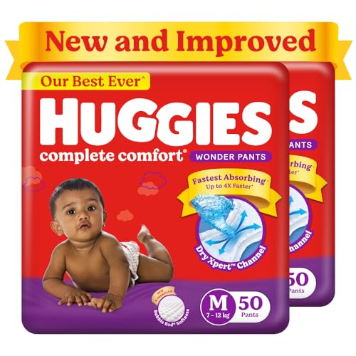 Huggies Complete Comfort Wonder Pants, Medium (7-12kg) Size Count 100 Baby Diaper Pants Combo Pack of 2, 50 count Per Pack, 100 count, with 5 in 1 Comfort