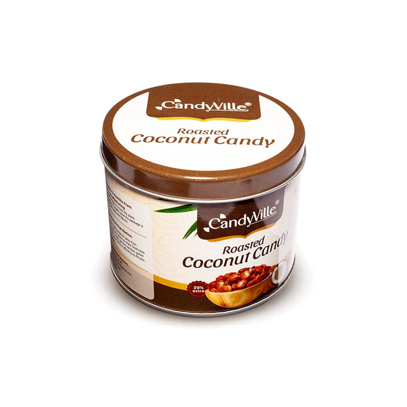 CandyVille Roasted Coconut Candy Tin (340g) | Crunchy Coconut Toffees in Tin | Mildly Roasted with Sugar | No Added Colours or Preservatives | Traditional Indian Sweets