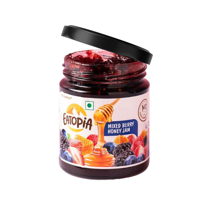 Eatopia Mixed Berry Sugar Free Honey Jam in Fresh with Strawberry, Mulberries & Blueberries | 100% Pure & Natural with No Artificial Chemicals/Preservatives | Healthy Good for Gut Health (240g)