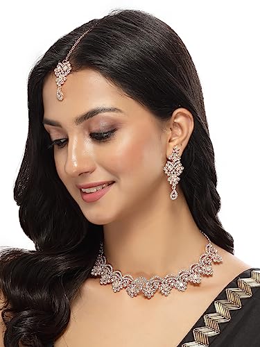 Sukkhi Untamed Rose Gold Plated AD White Stone Collar Bone Necklace Set With Earring And Maangtika | Jewellery Set For Women (NS105635)