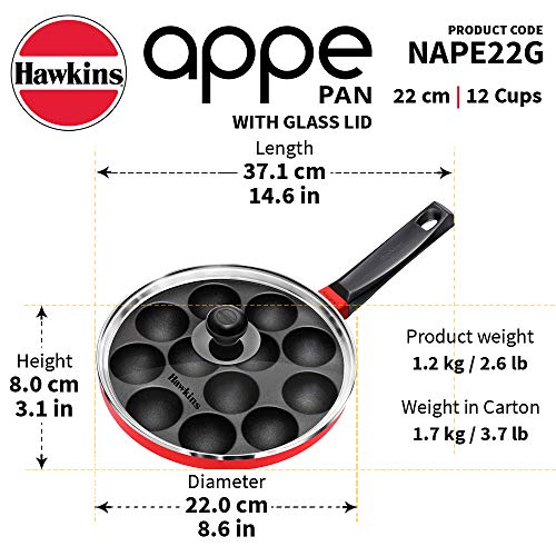 Hawkins Nonstick Appe Pan with Glass Lid, 12 Cups, Diameter 22 cm, Black (NAPE22G), Cast Aluminium, Red