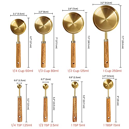 Supvox® Measuring Cups and Spoons with Wood Handle Set of 8, Stainless Steel, Golden Polished Finish, Baking Tools, Dry & Liquid Measuring Cup for Cooking