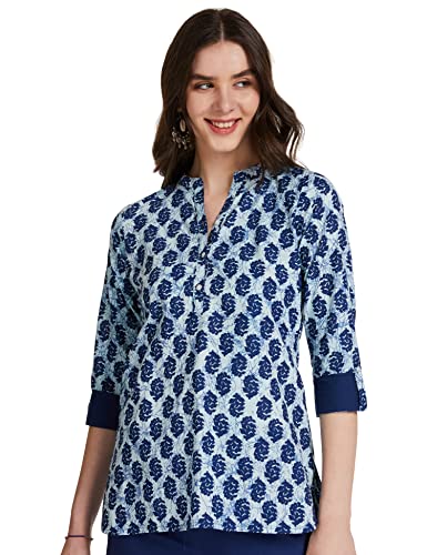 Amazon Brand - Myx Women's Cotton Screen Print Straight Short Kurti (SS17INDNIT09IndigoXL_Indigo_XL)