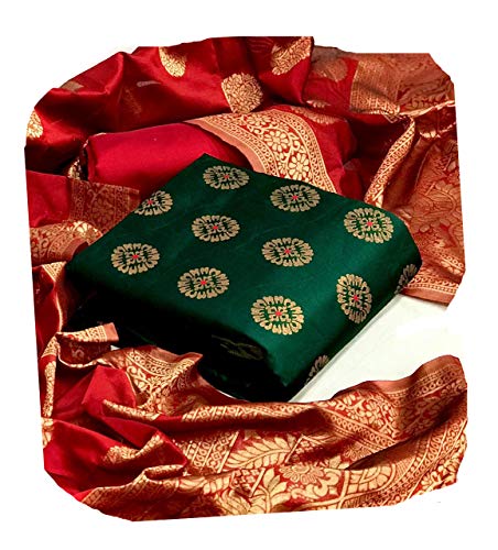 HK Textiles Women's Banarasi Cotton Silk Unstitched Salwar Suit Dress Material With Banarasi Silk Duputta (Green)