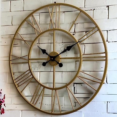 Vintage Clock Iron Hand-Crafted Large Brass Colour Wall Clock (60 x 60 cm)